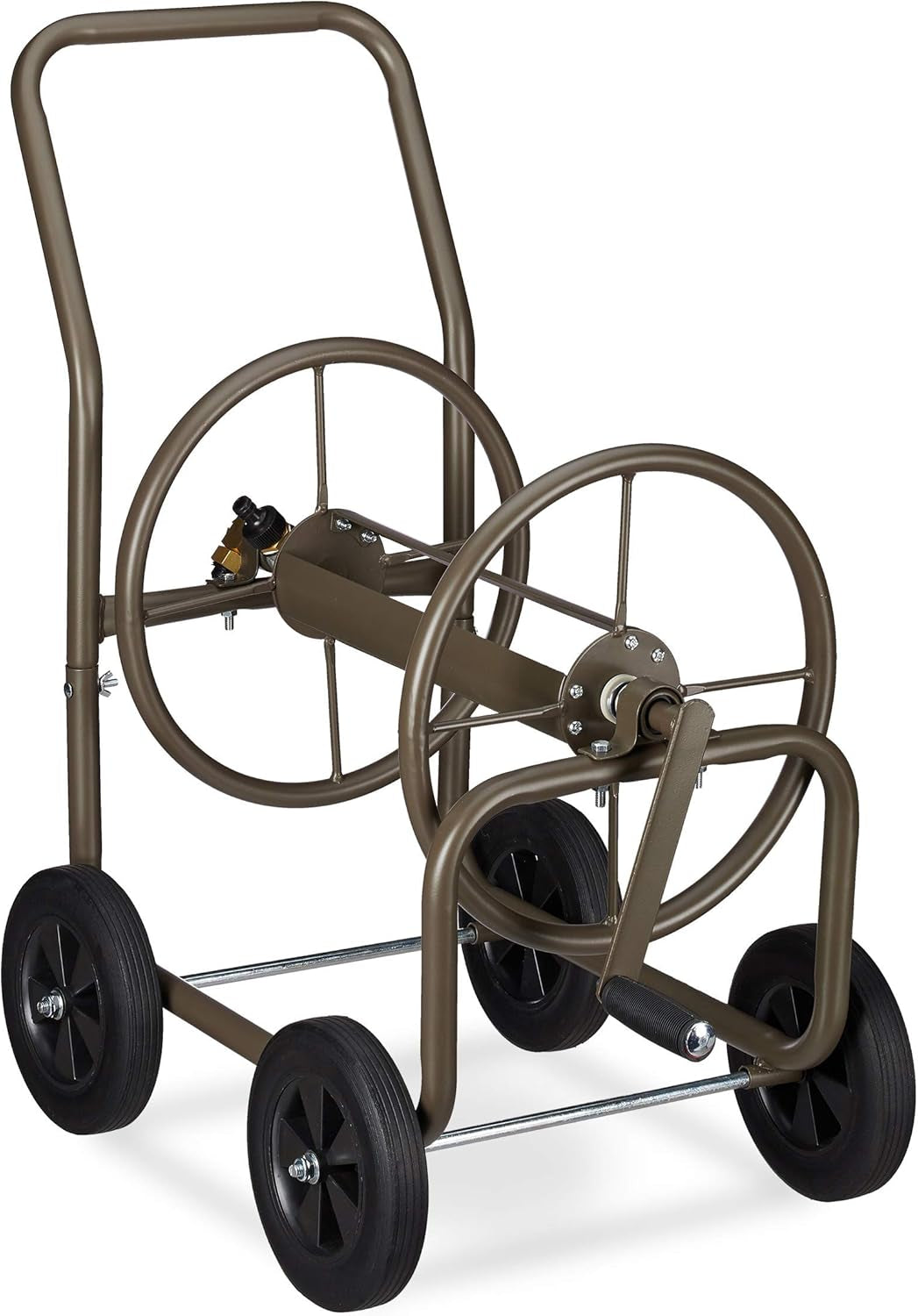 Relaxdays XL Schlauchwagen, mobile Schlauchtrommel, Metall, für 60 m Schlauch, 4 Räder, mit Kurbel, 90°-Rolle, braun