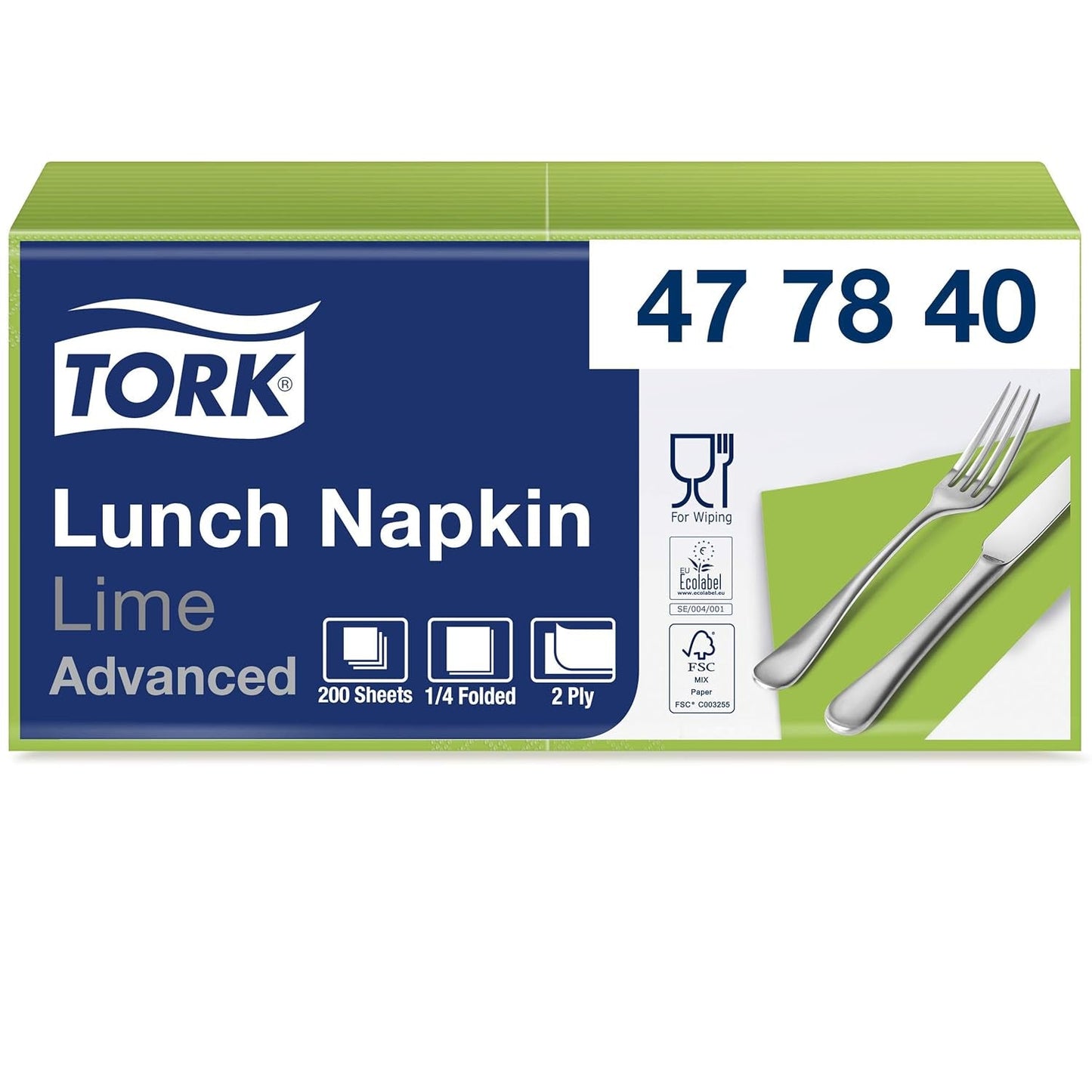 Tork 477840 Limetten-Lunchservietten / 2-lagige Servietten für kleine Mahlzeiten oder Snacks / Erweiterte Qualität / 10 x 200 (2000) Papierservietten / 32,6 x 33 cm (L x B) / 1/4-Faltung