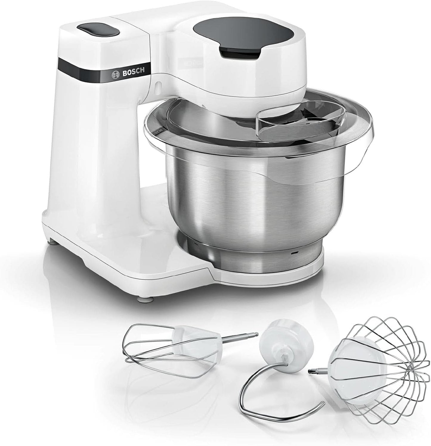 Bosch Küchenmaschine Serie 2 MUMS2EW00, Edelstahl-Schüssel 3,8 L, Planetenrührwerk, Knethaken, Schlag-, Rührbesen Edelstahl, 4 Arbeitsstufen, Durch Optionales Zubehör Erweiterbar, 700W, Weiß Kitchen Naty Shop
