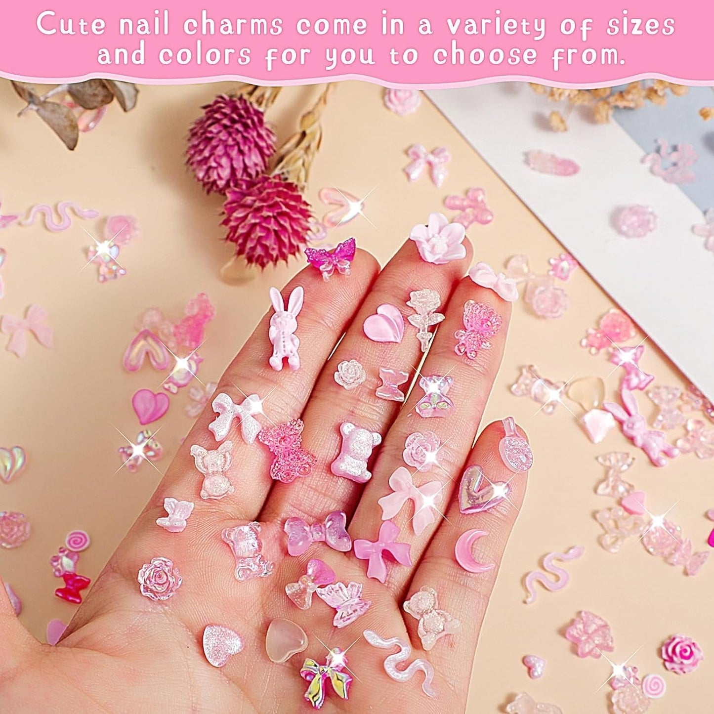 200 Stück Nail Art Charms 3D Nail Art Dekoration Set Bogen Nagel Anhänger Rosa Gemischter Stil Schleife Blume Teddybär Lutscher Herzform Nail Art Dekoration DIY Handwerk Nageldesign