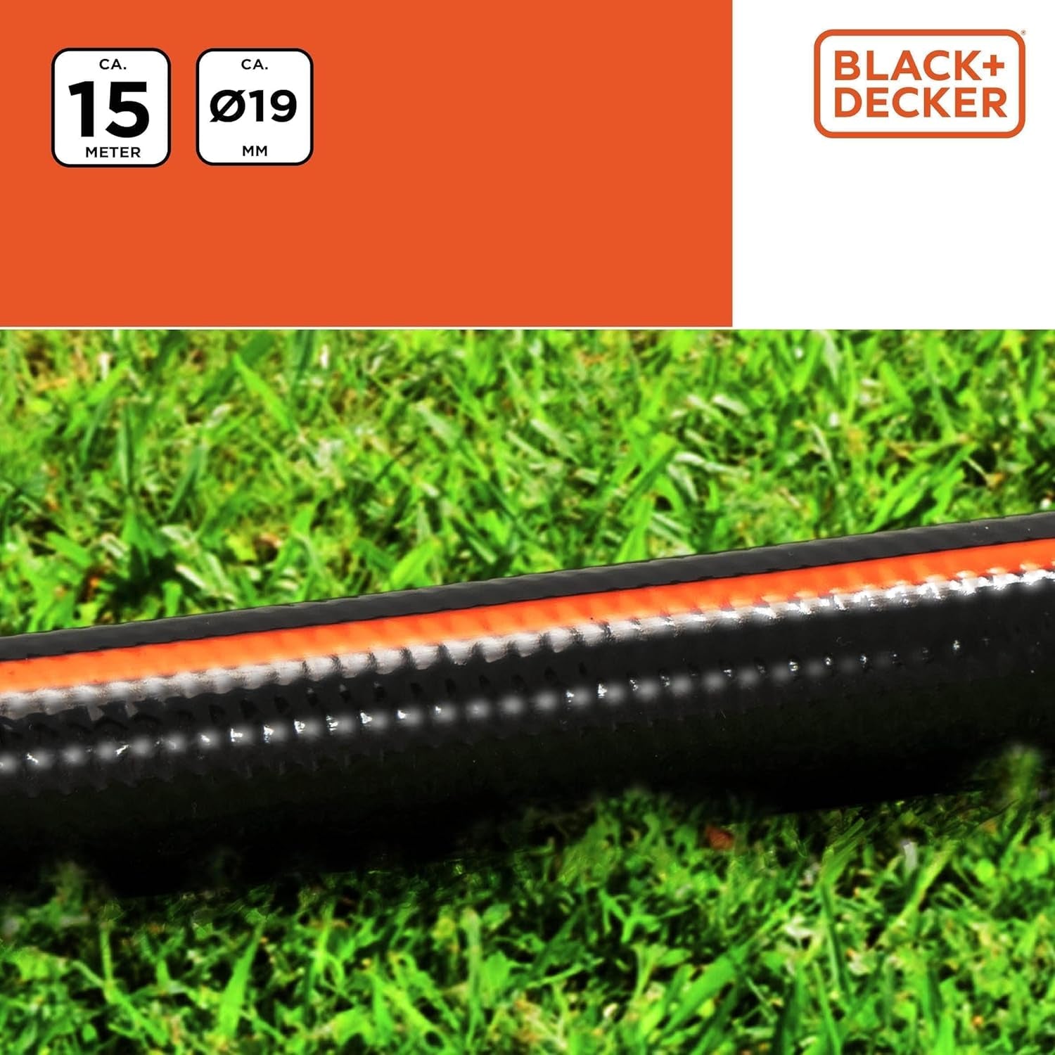BLACK+DECKER Gartenschlauch 15 Meter – Ø19MM – Strapazierfähiges PVC – Den Garten bewässern, das Auto waschen, den Pool füllen – Kompatibel mit jedem Standard-Wasserhahn – Schwarz/Orange