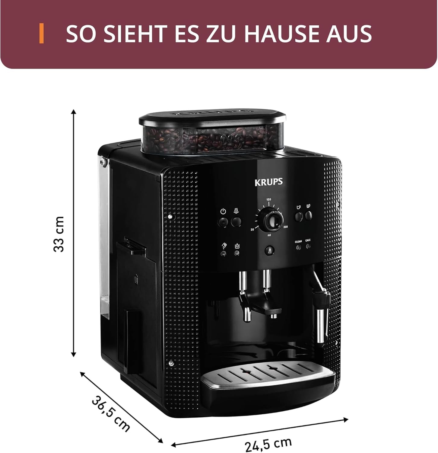 KRUPS Arabica Picto automatische Espressomaschine, kompaktes Design, einfache Bedienung, intuitiv einstellbarer Drehregler, Milchaufschäumer, 2-Tassen-Funktion, Espressomaschine, schwarz, EA810870