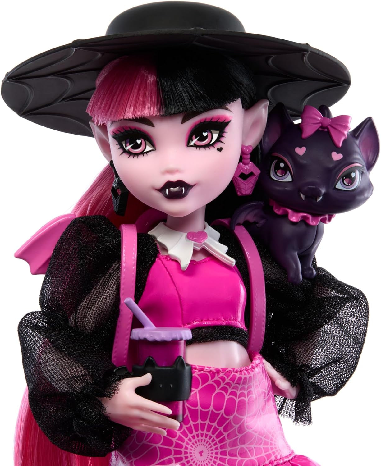 Monster High Draculaura-Puppe mit ihrem Haustier Count Fabulous Fledermauskatze und Zubehör wie Rucksack, Zauberbuch, Bento-Box und mehr, HRP64 Naty Shop Dolls
