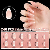 240-teiliges Set mit künstlichen Nagelspitzen, French Press On False Nails, Press On French Nails, 12 Größen, Fake Nails mit Kleber für Damen und Herren (Nude White Medium Almond)
