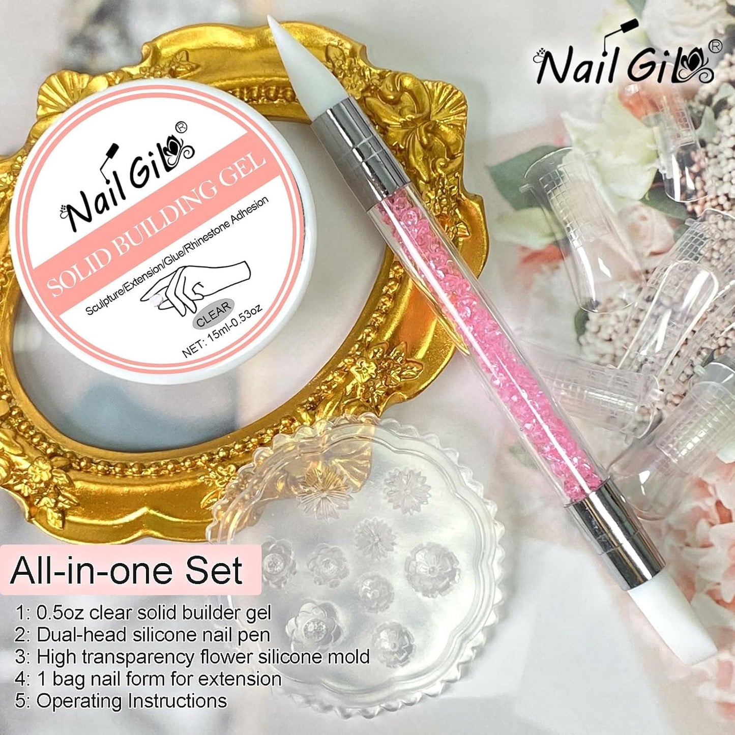 NAILGIL Fester Gel-Nagellack, Fester Gel-Nagelkleber, 3D-Nagelkunst-Skulptur mit Werkzeugset, DIY Home Salon, Transparent 15G