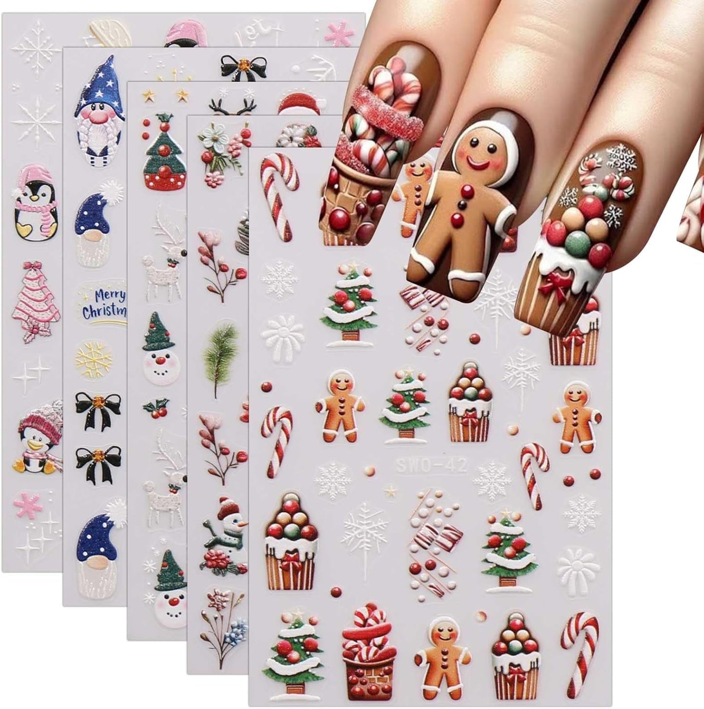 JMEOWIO Nagelsticker Weihnachten 6 Blatt Nail Art Sticker Selbstklebend Nagelaufkleber Schneeflocke Winterurlaub Niedliche Dekoration Nageldesign Zubehör