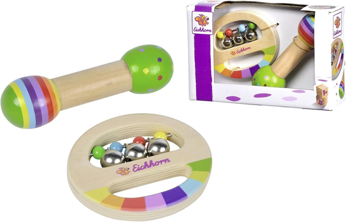 Eichhorn - 2-teiliges Musikset, inklusive Spielzeug mit Glöckchen und Klangstab, bunte Musikinstrumente aus Holz, ab 1 Jahr Babyspielzeug Naty Shop