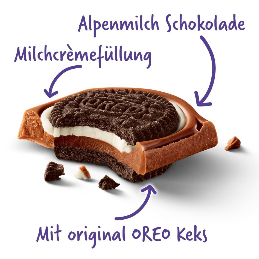 Milka Oreo Sandwich – Alpenmilchschokolade, gefüllt mit knusprigen Oreo-Keksstückchen und zarter Vanillecreme – 92g