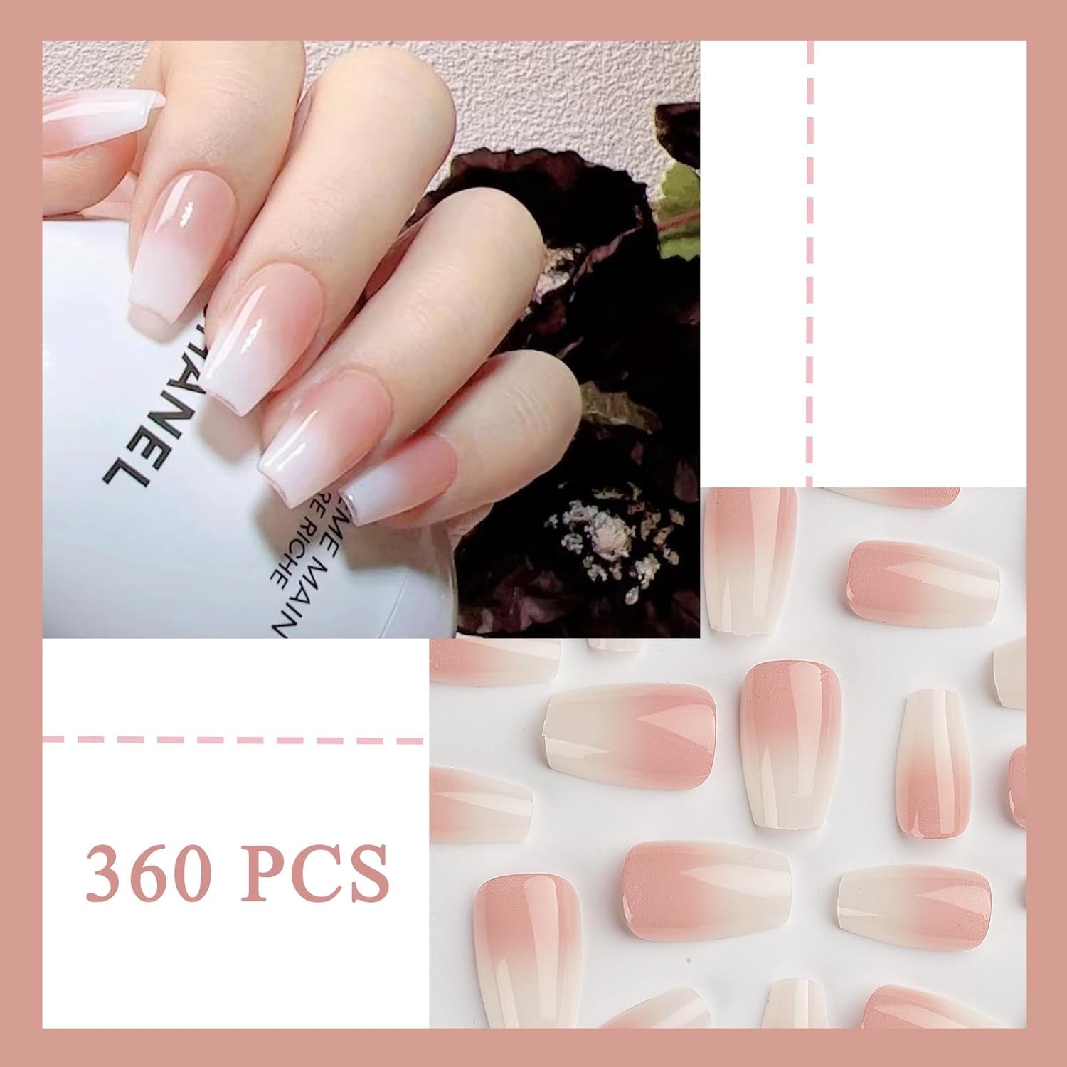 360-teiliges Ballerina-Kunstnägel-Set mit Farbverlauf, rosa-weißer Farbverlauf zum Aufkleben, künstliche Nägel mit 2 Nagelölstiften, mittlere künstliche Nägel im Ombré-Stil für Frauen zum Selbermachen