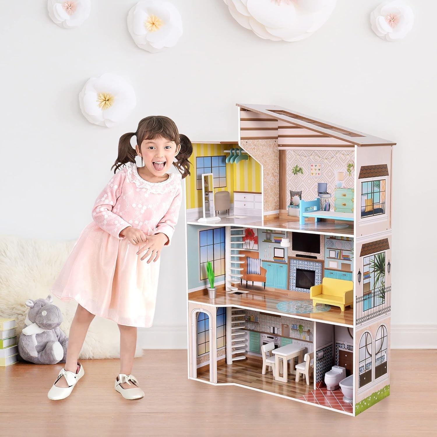 Olivia's Little World Modernes, dreistöckiges interaktives Puppenhaus aus Holz im mediterranen Stil für Kinder mit 17 Puppenmöbelzubehör, mehrfarbig, TD-13551B