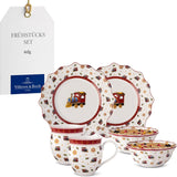 Villeroy & Boch - Toy's Delight Frühstücksset für 2, Lokomotiven-Design, 6-teilig, bunt, Weihnachten, Geschirrset mit Tellern, Tassen und Schüsseln zum Frühstück, Weihnachtsgeschirr, Premium-Porzellan