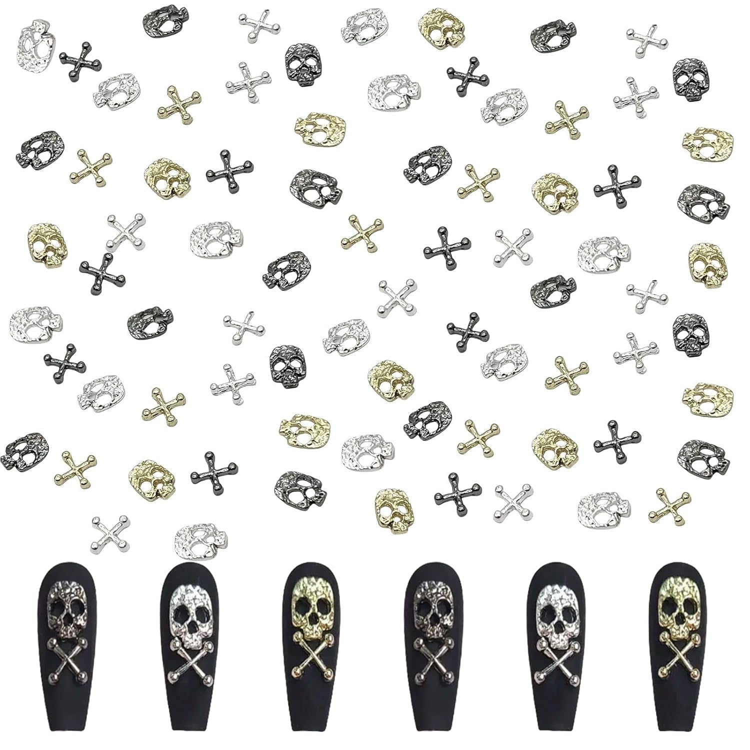 120 Stück Kreuzschädel Nail Art Dekorationen Set Gold Silber Metall Nail Art Charms Punk Legierung Nail Art Schmuck Funkelnde Steine ​​Zubehör