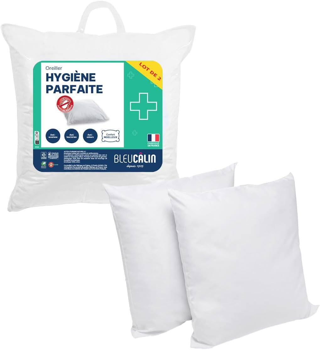 Bleu Câlin Set mit 2 rechteckigen Kissen, milbenhemmend, antibakteriell, flauschiger Komfort, T 60 x 60 cm, 100 % Baumwolle, perfektes Hygiene-Sortiment. Naty Shop Standard-Kissen, quadratische Form, 60 x 60 cm