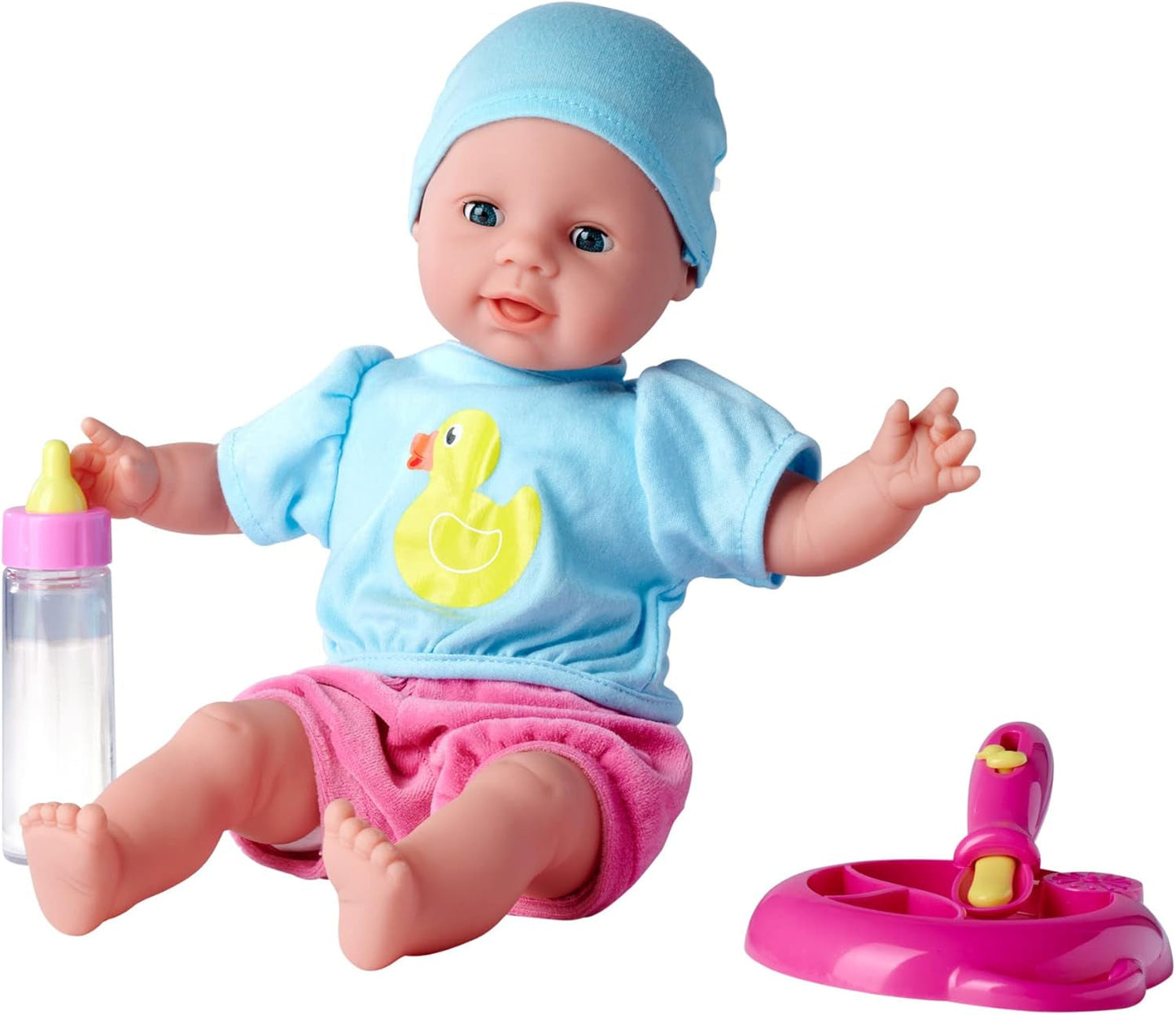 Simba 105010964 – Laura Hungry Kuschelpuppe mit Schnuller, Zauberlöffel, verschwindender Flasche und Teller, 38 cm, Babypuppe für Kinder ab 2 Jahren