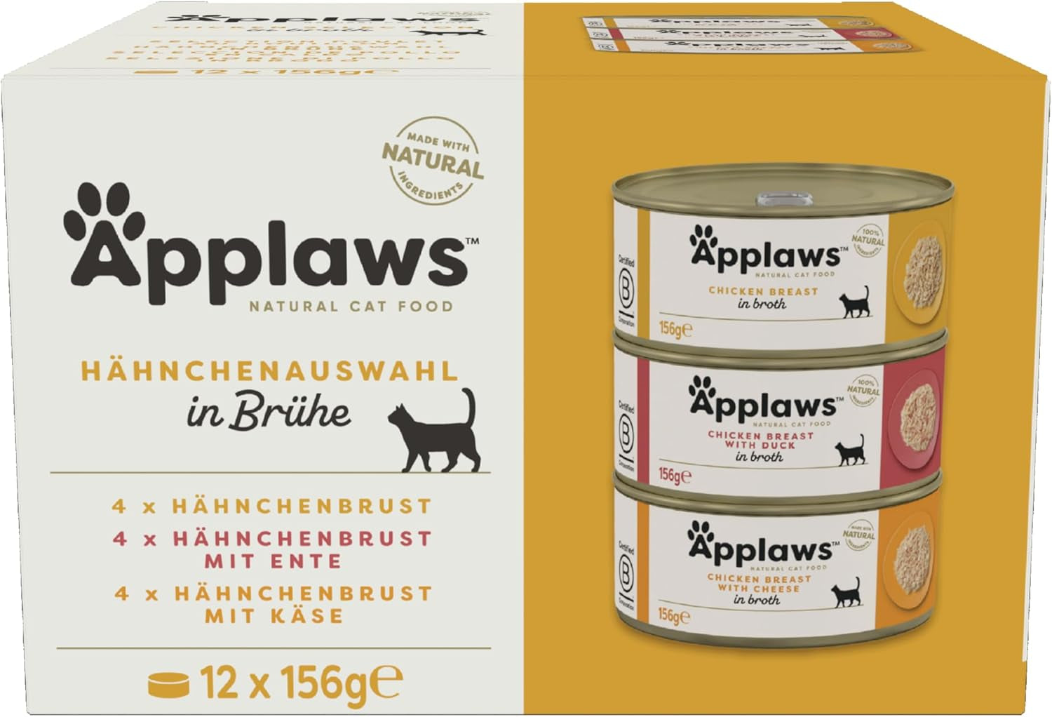 Applaws 100 % natürliches Premium-Nassfutter für Katzen, Huhn in Brühe, Multipack – 12 Dosen x 156 g Packung
