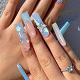 24 Stück Schmetterlingsblaue künstliche Nägel, quadratisch, zum Aufdrücken, französische lange, glitzernde, glitzernde Strass-Falschnagelspitzen