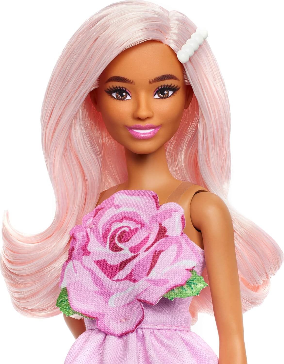 Barbie Fashionistas Puppe Nr. 238 mit pastellrosa Haaren, trägerlosem Kleid mit rosa Oberteil, Perlenhaarspange und Riemchen-High-Heels, HYT94 Naty Shop Dolls