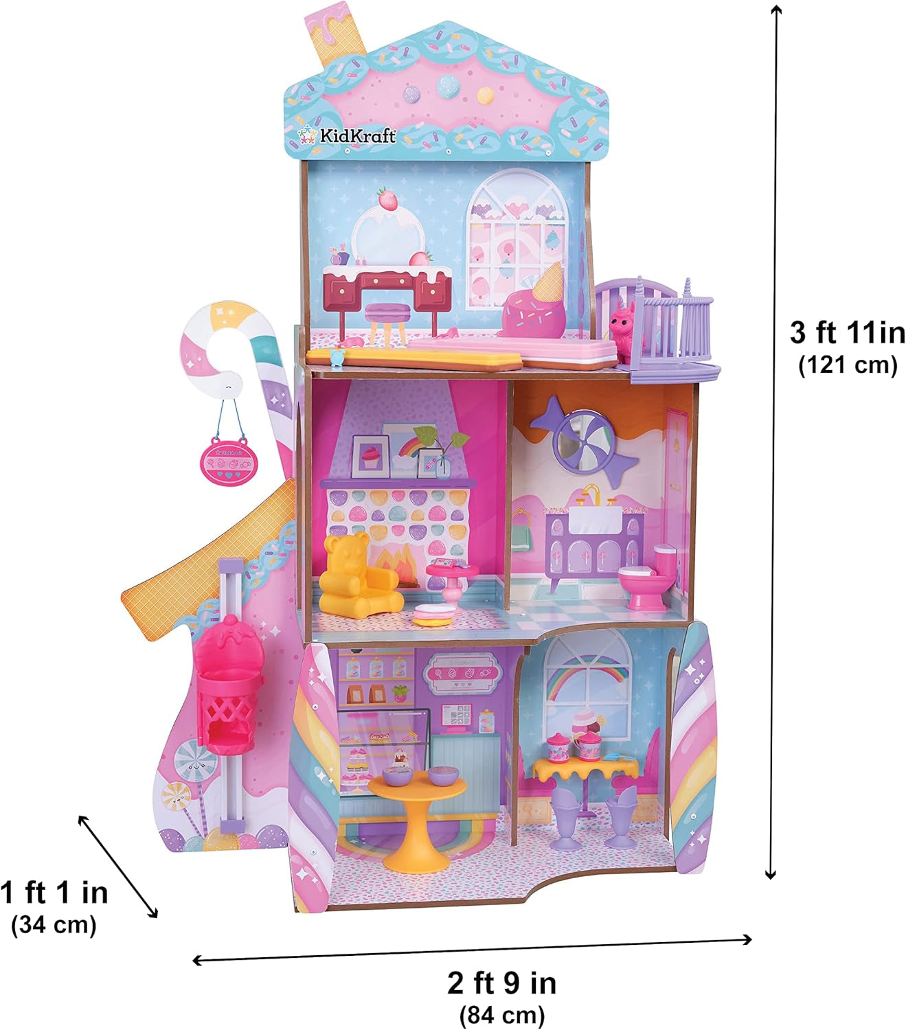 KidKraft Puppenhaus Candy Castle aus Holz mit Möbeln und Zubehör, Einhorn-Lama-Figurenhaus, Eistüten-Aufzug und Gummibärchen-Stuhl für Puppen, Spielzeug für Kinder ab 3 Jahren, 20242