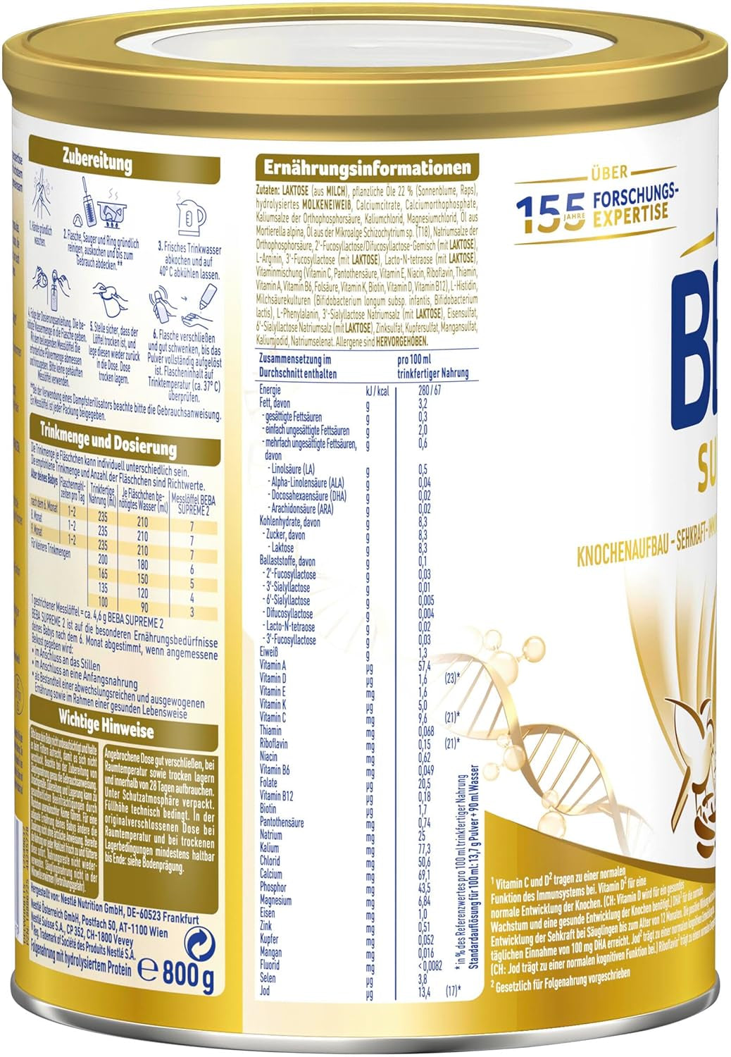 BEBA SUPREME 2 Folgemilch nach 6 Monaten, nur Laktose, palmölfrei, 6er Pack (6 x 800g) Naty Shop