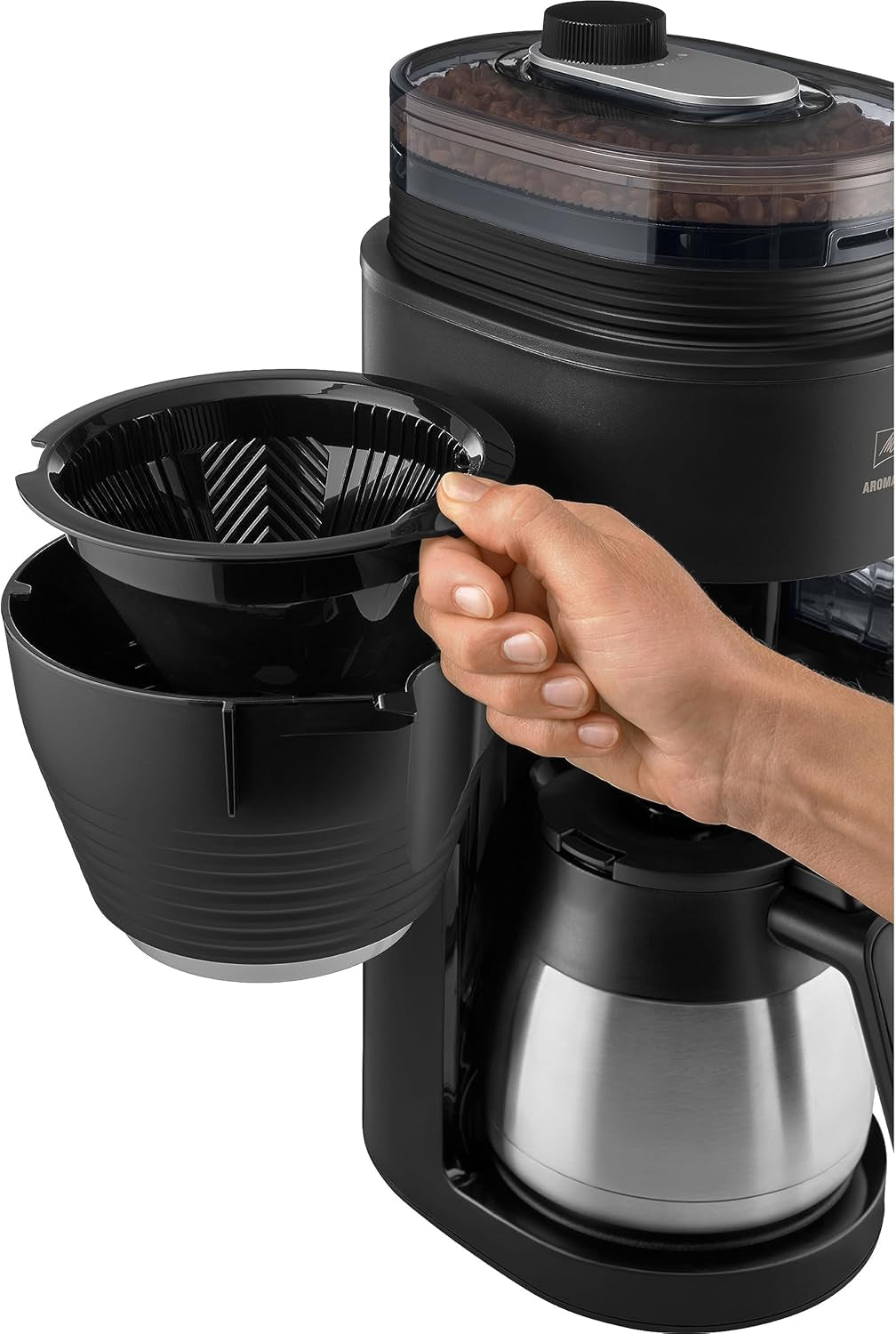 Melitta AromaFresh Therm Pro X – Espressomaschine mit Filter, integriertem Mahlwerk, abnehmbarem Wassertank, Thermokaraffe aus Edelstahl und Timerfunktion, für bis zu 8 Tassen Kaffee, Schwarz/Silber