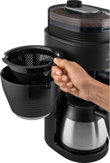 Melitta AromaFresh Therm Pro X – Espressomaschine mit Filter, integriertem Mahlwerk, abnehmbarem Wassertank, Thermokaraffe aus Edelstahl und Timerfunktion, für bis zu 8 Tassen Kaffee, Schwarz/Silber