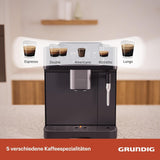 GRUNDIG KVA 6230 Espressovollautomat mit Milchaufschäumer, Edelstahlmahlwerk mit 13 Mahlstufen, Bohnenbehälter 250 g, abnehmbarer Wassertank 2 Liter, Pumpendruck 19 bar, Touch-Display, schwarz