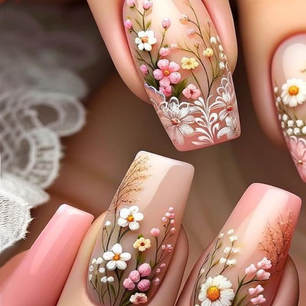 24 Stück lange Nägel zum Aufdrücken, Sarg, künstliche Nägel, Schmetterlingsblume, selbstklebende Nägel, weiß, braun, Acryl-Nagelset, Nagelspitzen, Damen, Frühling, Sommer, Nagelzubehör