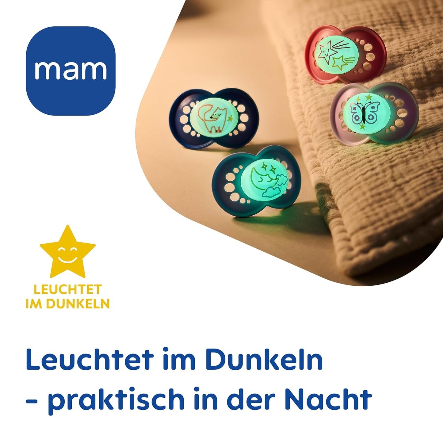 MAM Original Day & Night Matt Schnuller | 6-16 Monate | Akzeptanz 94 % | Baby-Schnuller hilft, unerwünschte Zahnausrichtung zu verhindern | Gemeinsam mit Zahnärzten entwickelt | Silikon SkinSoft | Fuchs/Mond | 4 Stück