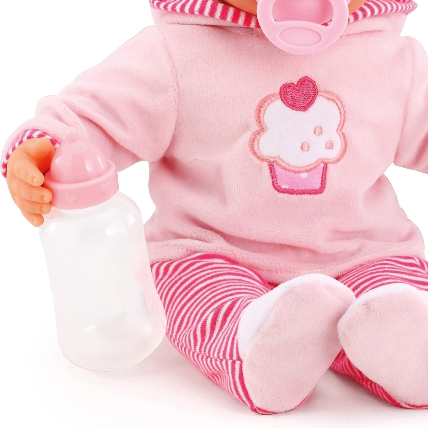 First Words Puppe mit Schlafaugen, spricht 24 Babygeräusche, mit Puppe und Flasche, 38 cm, rosa/gestreift Naty Shop Dolls