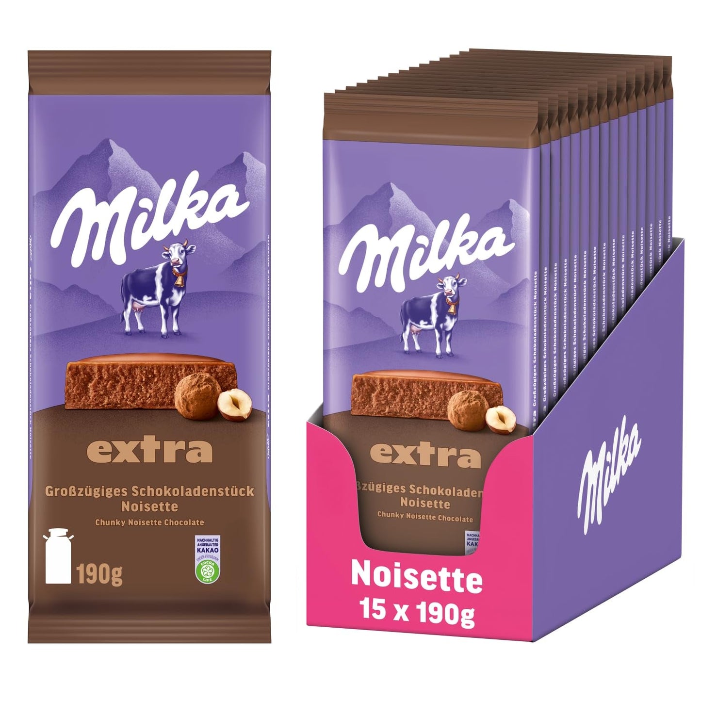 Milka Extra Noisette – Alpenmilchschokolade mit zart-cremiger Haselnussfüllung – 15 x 190 g
