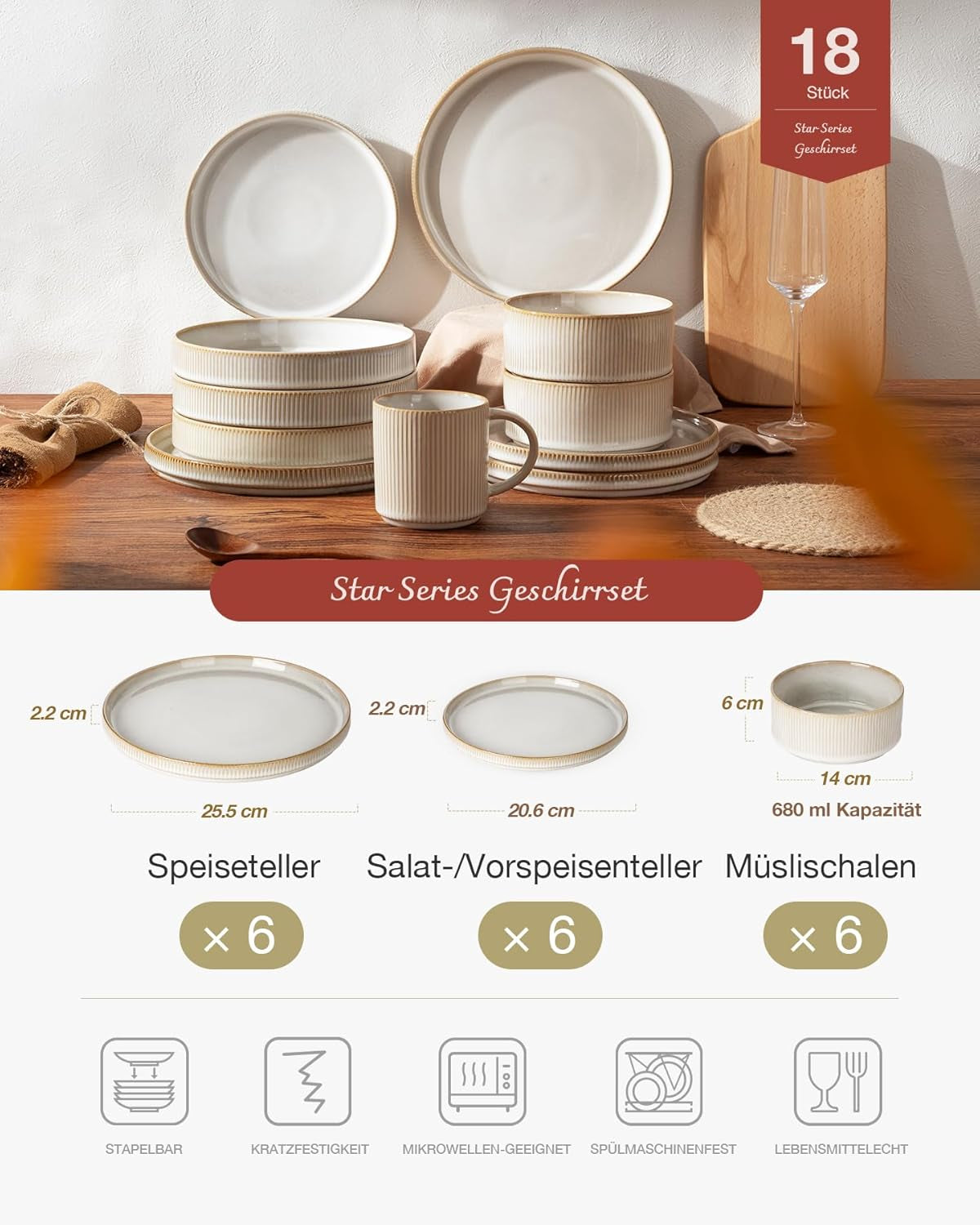 Star 18-teiliges Geschirrset, 6-Personen-Geschirrset, Porzellan, kratzfest, mikrowellen- und spülmaschinenfest, Cappuccino-Weiß