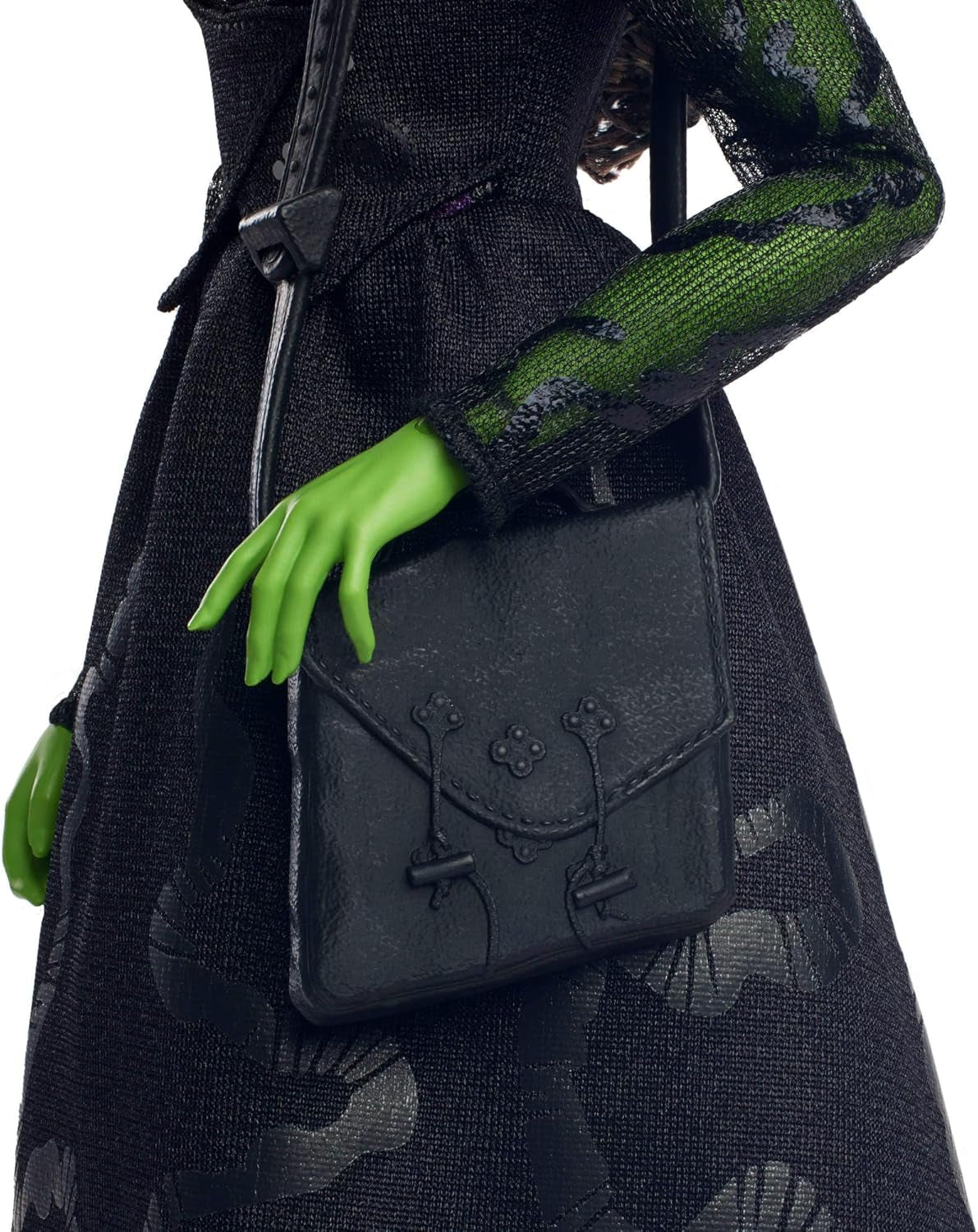 Mattel Wicked Elphaba Modepuppe und Zubehör mit grüner Haut, schwarzem geflochtenem Haar, verschiedenen möglichen Posen und erweiterbarem Ballkleid-Aussehen, HXT62, [Mehrfarbig] Naty Shop Dolls