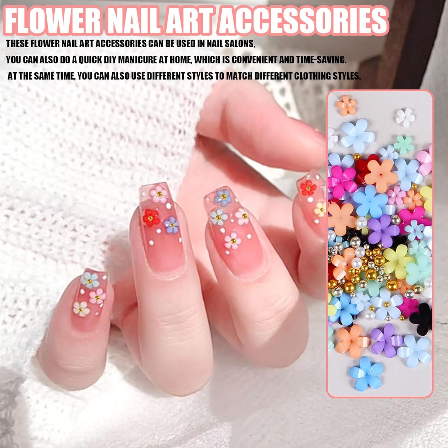 3D-Blumen-Nagel-Charms, 12 Gitter, Acrylharz-Blume und Gold-Silber-Perlen, Nagelsteine, Blumen-Gel-Nägel, Blumen-Nageldekorationen für Frauen und Mädchen, DIY-Maniküre-Zubehör