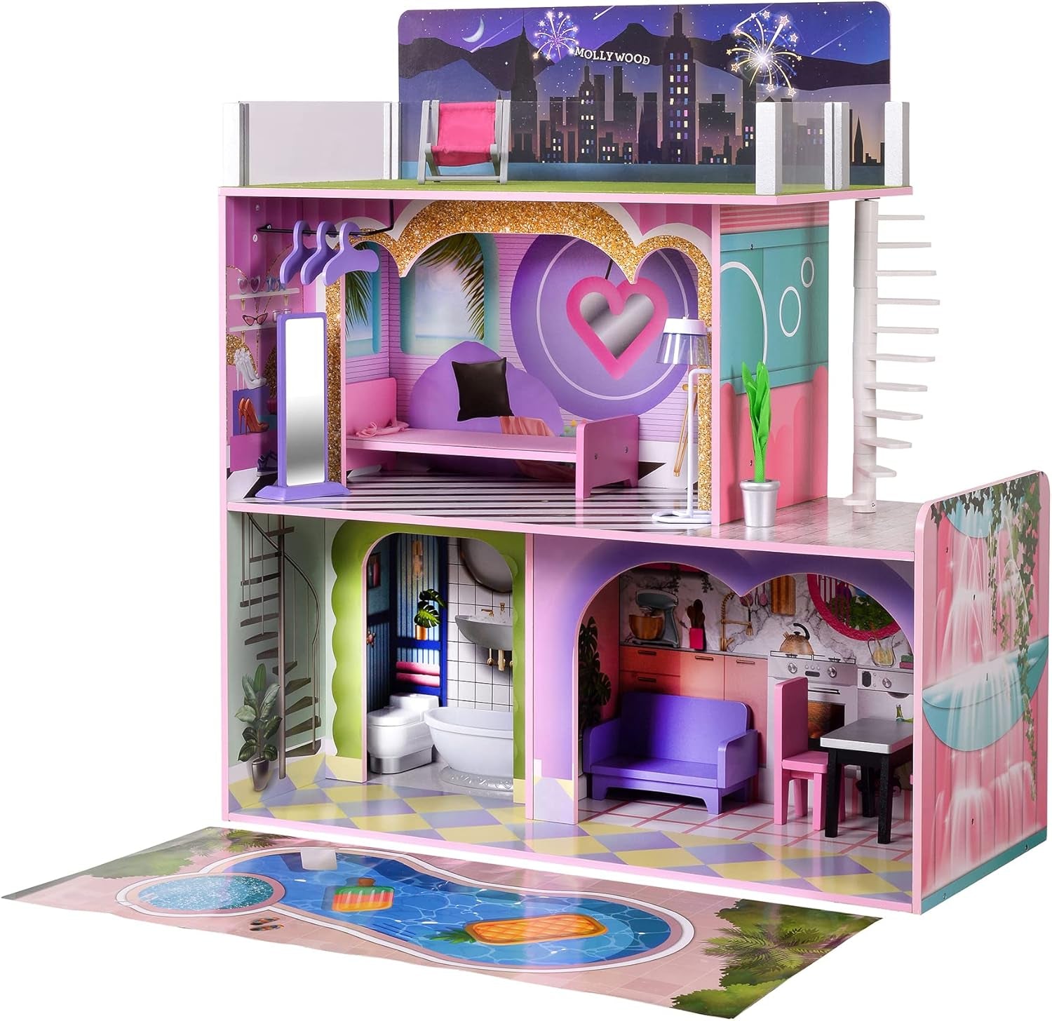 Olivia's Little World Big Dreamland Sunset Modernes, dreistöckiges, interaktives Puppenhaus aus Holz für Kinder mit 16 Puppenmöbelzubehör, mehrfarbig, TD-13616A