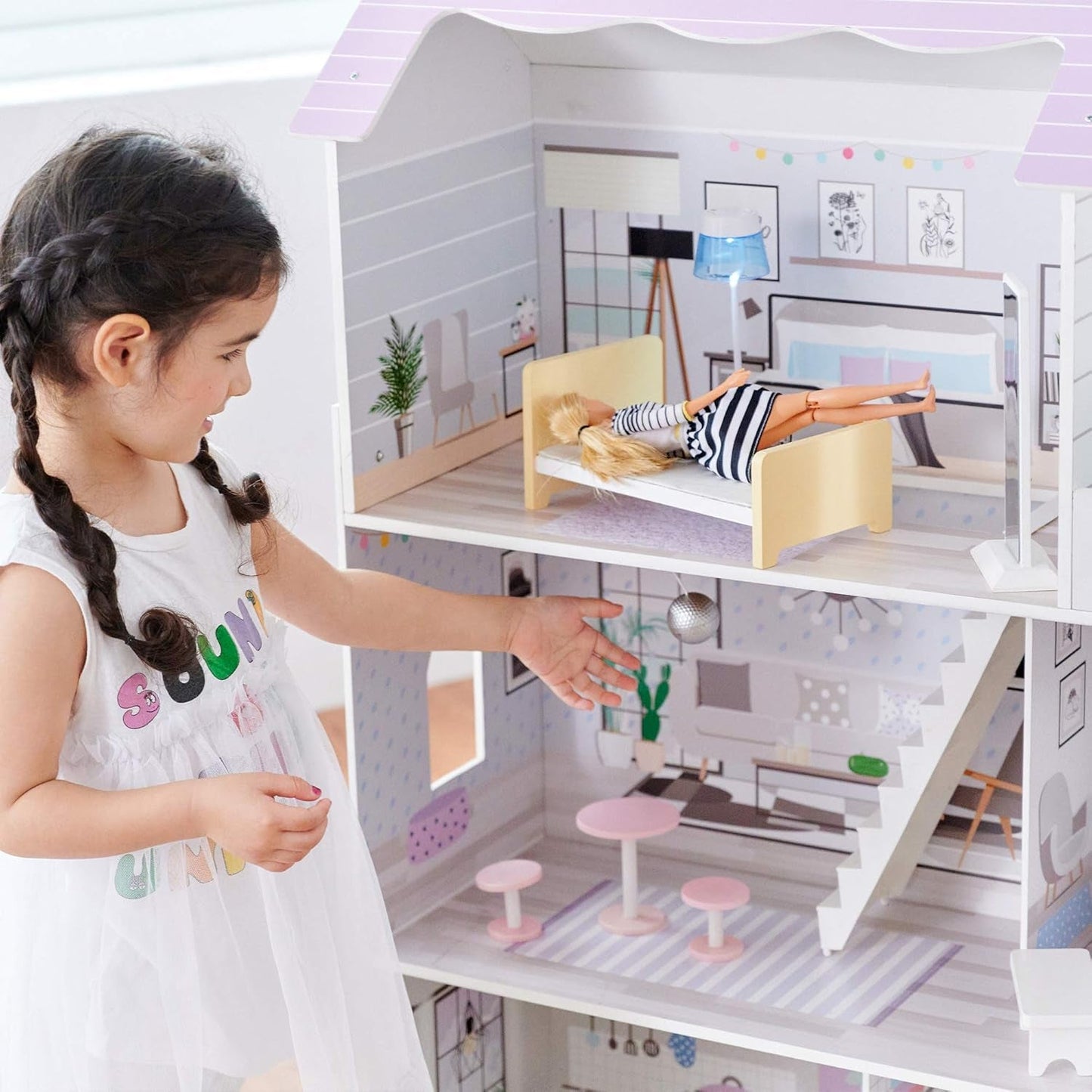 Teamson Kids Olivia's Little World Riesenpuppenhaus mit 16 Puppenzubehörteilen, Puppenhaus aus Holz mit Möbeln, 3-stöckig, 30 cm großes Puppenhaus für Kinder ab 3 Jahren