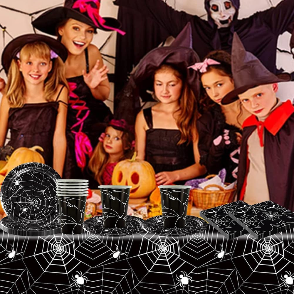 49-teiliges Halloween-Spinnen-Papierbesteckset mit Tellern, Servietten, Gläsern und Tischdecke. Schwarzes Geschirrset mit Desserttellern, Servietten und Gläsern.