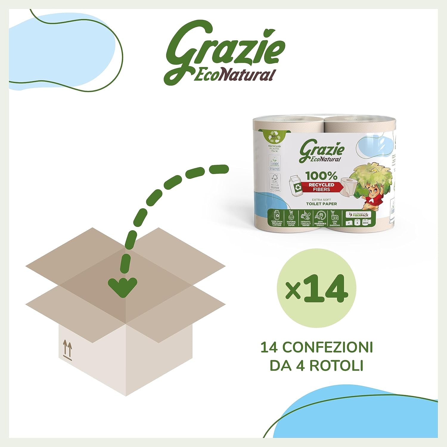 Grazie Natural Toilettenpapier, Econatural, 56 Rollen, recyceltes Fibrepack-Toilettenpapier, 100 % ökologisch, umweltfreundlich, Ecolabel-zertifiziert und FSC-recycelt, hergestellt in Italien
