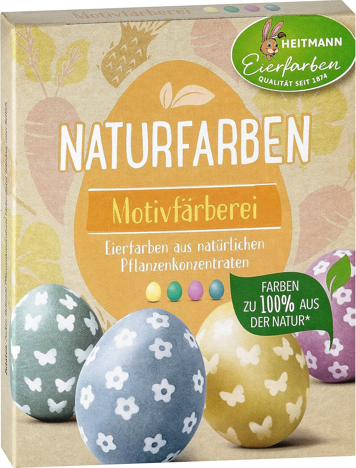 Heitmann Eierfärbe-Naturfarbset, 3 Eierfärbepulver (Gelb, Lila, Graublau), Graspapier-Aufkleberbogen
