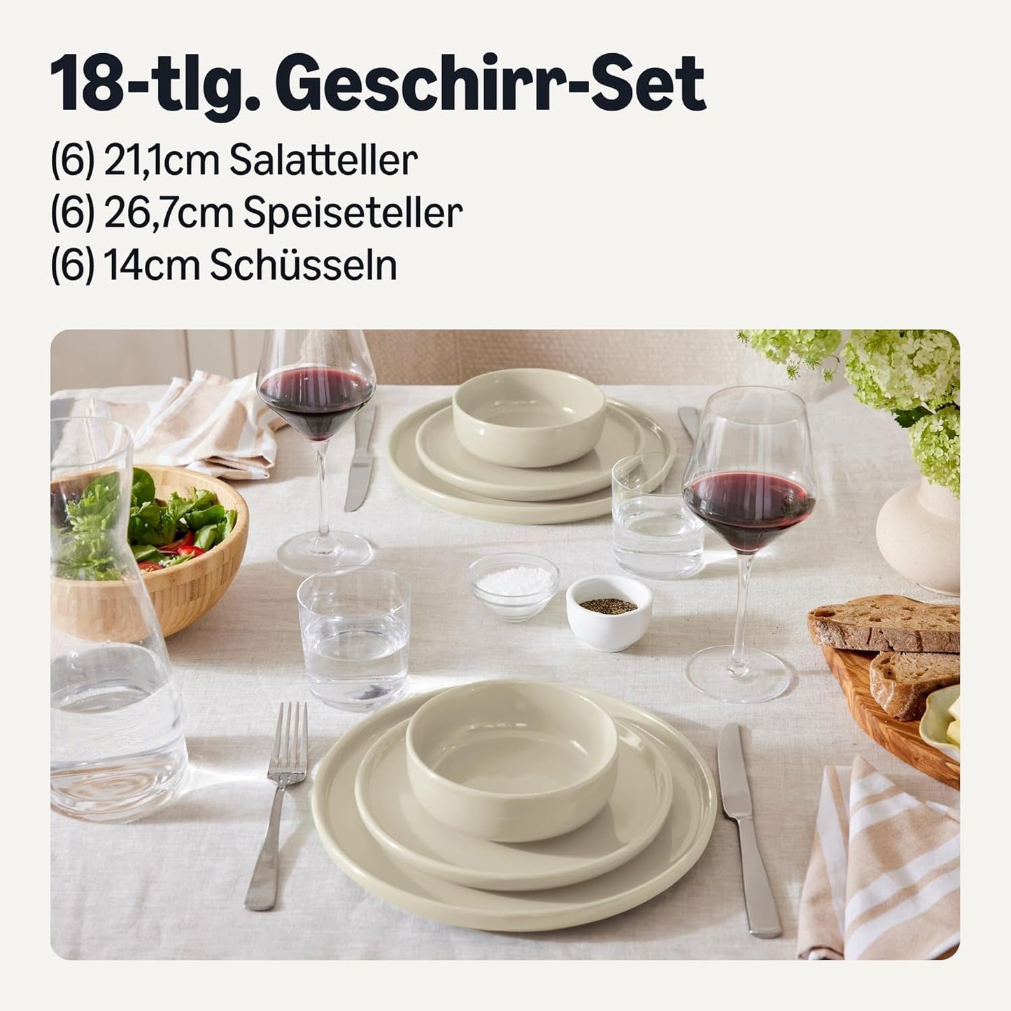 Amazon Basics – Geschirrset aus glasiertem Steinzeug, 18-teilig, 6 komplette Sets, spülmaschinenfest, Elfenbeinfarben
