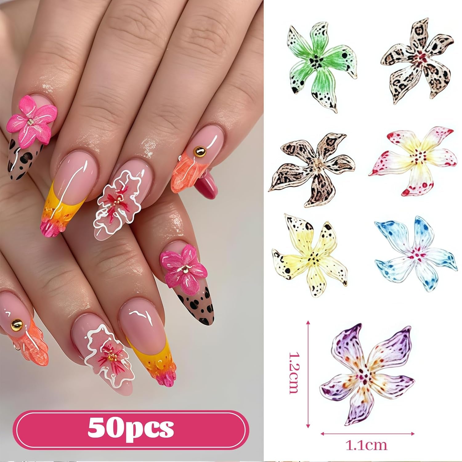 50 Stück 3D Blume Nail Charms Set, Buntes Nageldesign Zubehör, Nägel Charms Und Nagel Art Charms, Perfekt Für Nailart, Maniküre Dekoration Und DIY Nageldesign
