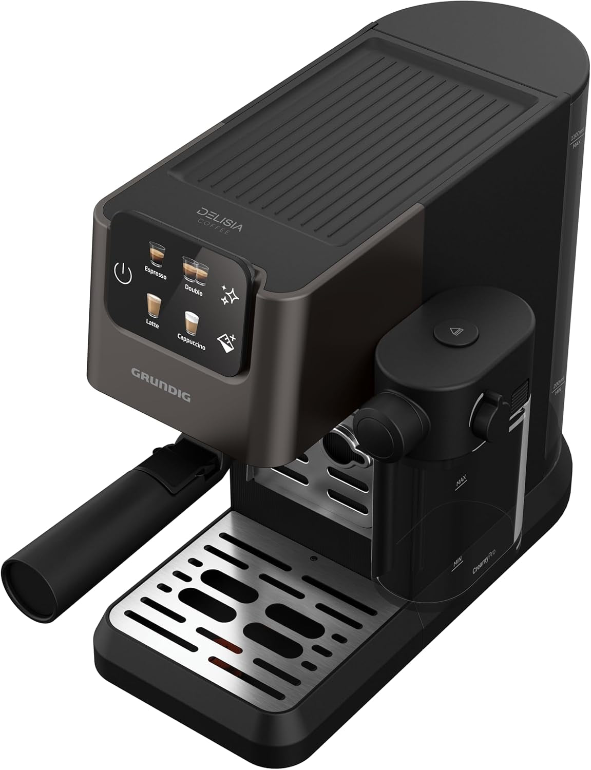 Siebträger-Espressomaschine GRUNDIG KSM 5330 mit integriertem Milchbehälter, Leistung 1628 W, Pumpendruck 15 bar, Doppeldüse, farbiges Touch-Display, BrewSense, CreamyPro, Edelstahl dunkel/Schwarz