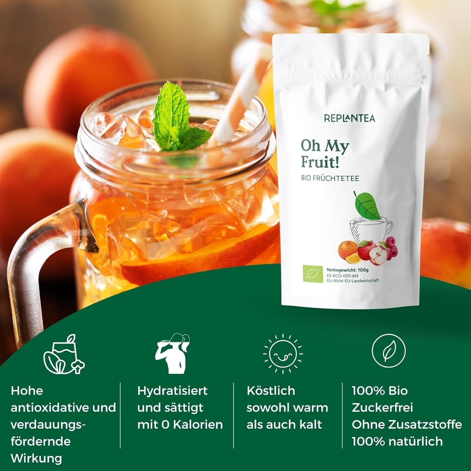 Oh My Fruit BIO Früchtetee 100 g (50 Tassen) | Loser Früchtetee mit Äpfeln, Hibiskus, Himbeeren, Orangen und Steviablättern REPLANTEA