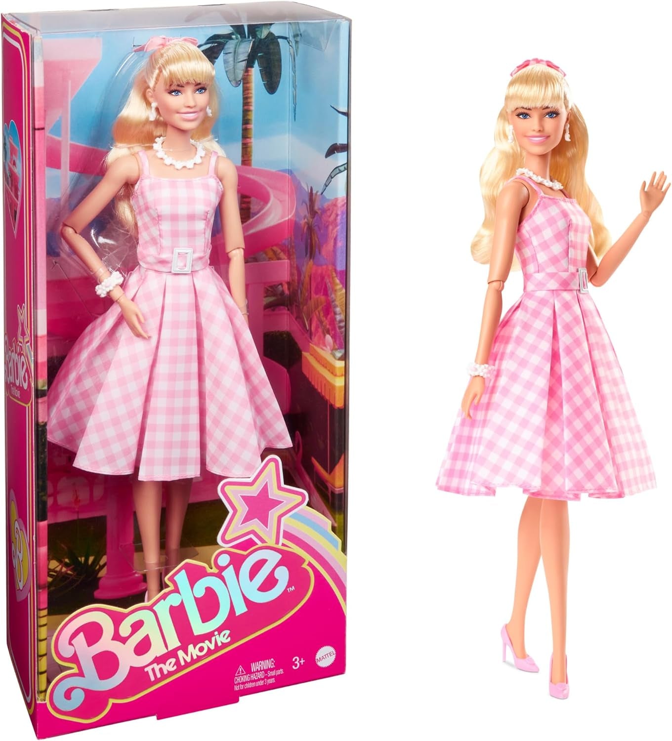 Barbie-Puppe, die Filmpuppe in rosa-weißem Kleid und Gänseblümchen-Halskette, Margot Robbie, Sammlerspielzeug für 3-Jährige HPJ96