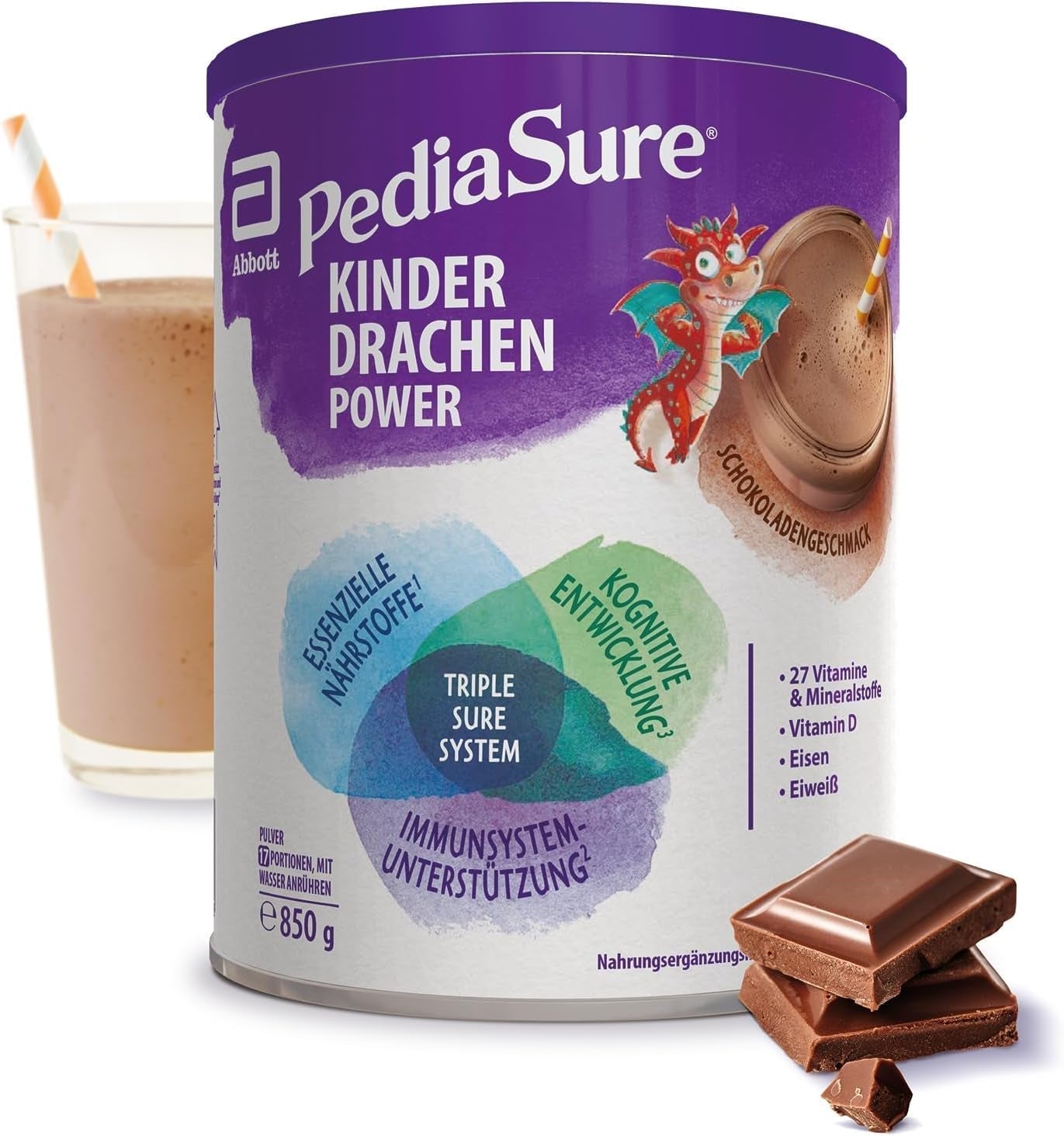 Pediasure Dragon's Power, Nahrungsergänzungsmittel für Kinder ab 1 Jahr, 27 Vitamine und Mineralien Naty Shop Chocolate