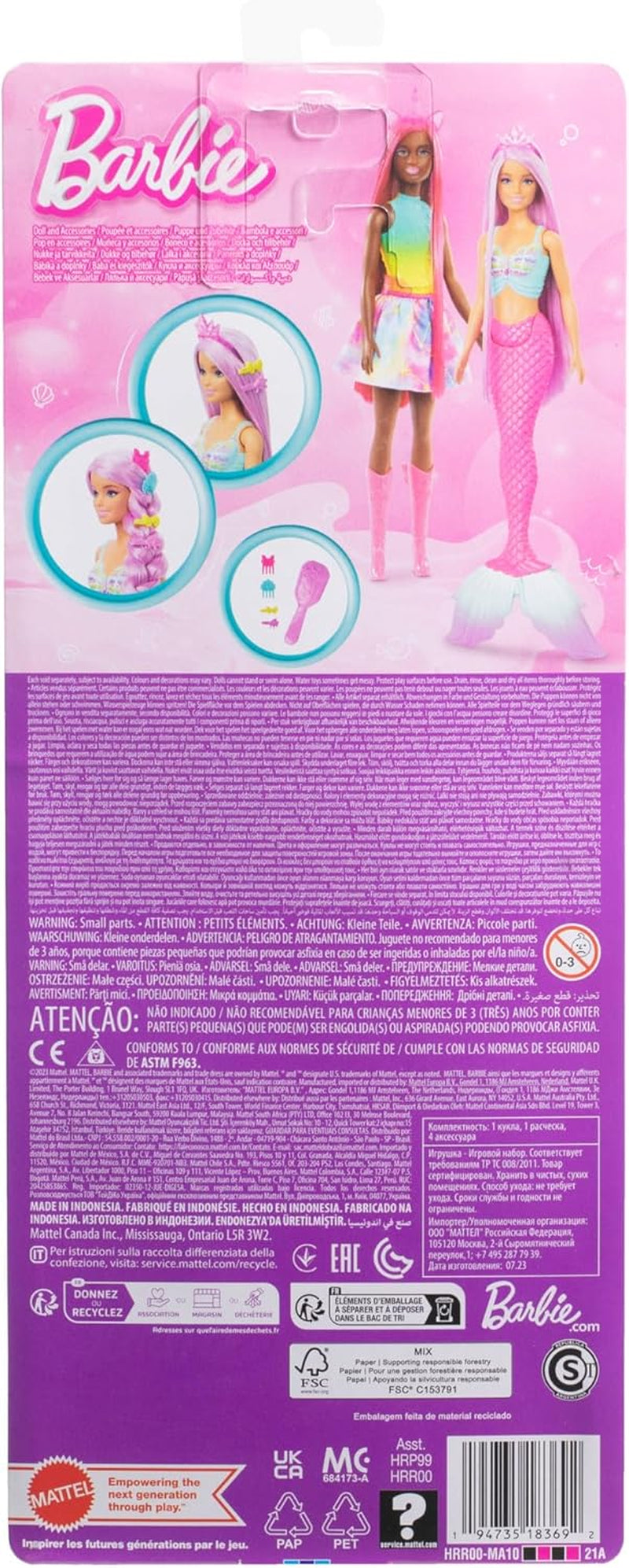 Barbie-Meerjungfrau-Puppe – mit langen rosa Haaren und individuellen Styling-Accessoires, einschließlich Bürste, hübscher Muschelspitze und rosa Schwanzflosse, ab 3 Jahren, 00 HRR