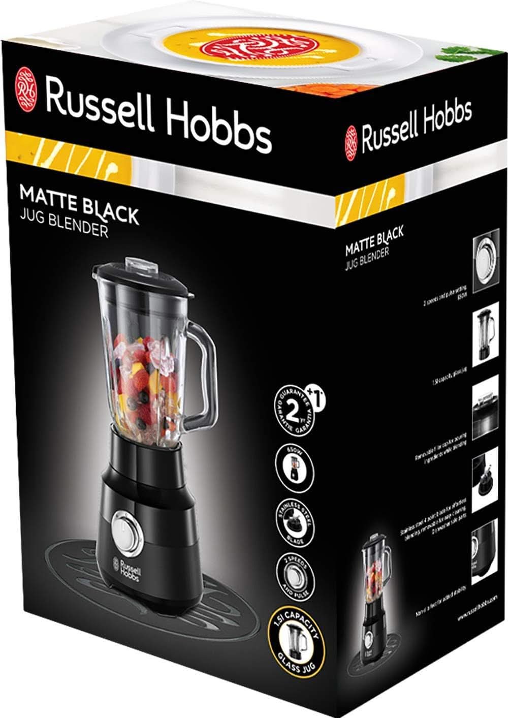 Russell Hobbs Standmixer [1.5L Glasbehälter] Matt Schwarz (Starker 0.9PS Motor, Impuls-/Ice-Crush-Funktion, Edelstahlmesser, Bpa-Frei Mixer, Elektrischer Zerkleinerer, Smoothie-Maker) 24722-56 Kitchen Naty Shop