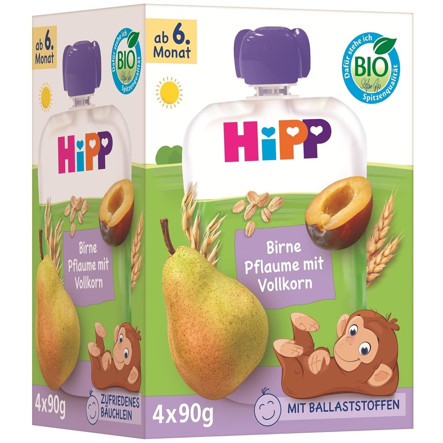 HiPP Bio-Birnen- und Pflaumensäckchen, Vollkorn, 16 Stück (4 Packungen à 4 x 90 g), für Babys ab 6 Monaten, ohne Zuckerzusatz, vegan, beste Bio-Qualität