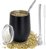 Moderner Mate-Becher 340 ml, isoliertes doppelwandiges Edelstahl-Yerba-Mate-Becher-Set, Mate-Teebecher mit BPA-freiem Deckel, Bombillas und einer Reinigungsbürste (Silber)