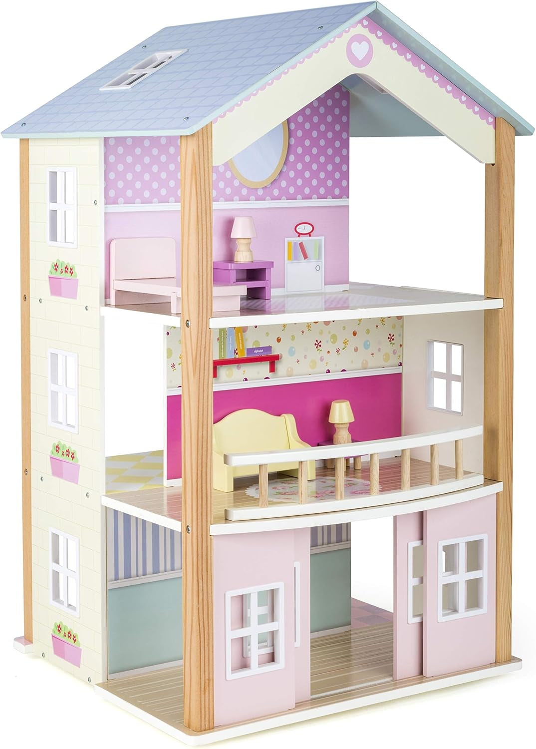 Small Foot 11192 Drehbares Puppenhaus aus Holz, Palast, 3 Etagen, inklusive Möbelspielzeug, mehrfarbig, 37 x 40 x 67 cm