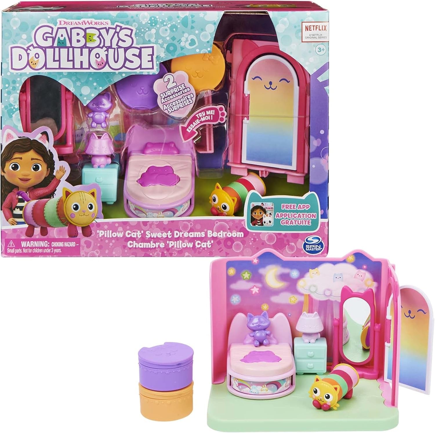 Gabby Dollhouse und Gabby Dollhouse Deluxe Room Sweet Dreams Fluffy Cat Schlafzimmer Kissen Katze und 3 Accessoires 3 Möbelstücke und 2 Überraschungsboxen Geeignet für Kinder ab 3 Jahren